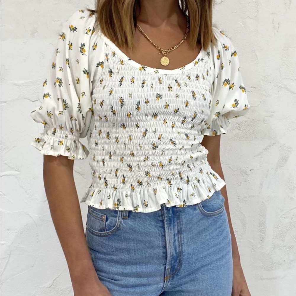 Faithfull the Brand White Puff Sleeve Smocked Blouse
